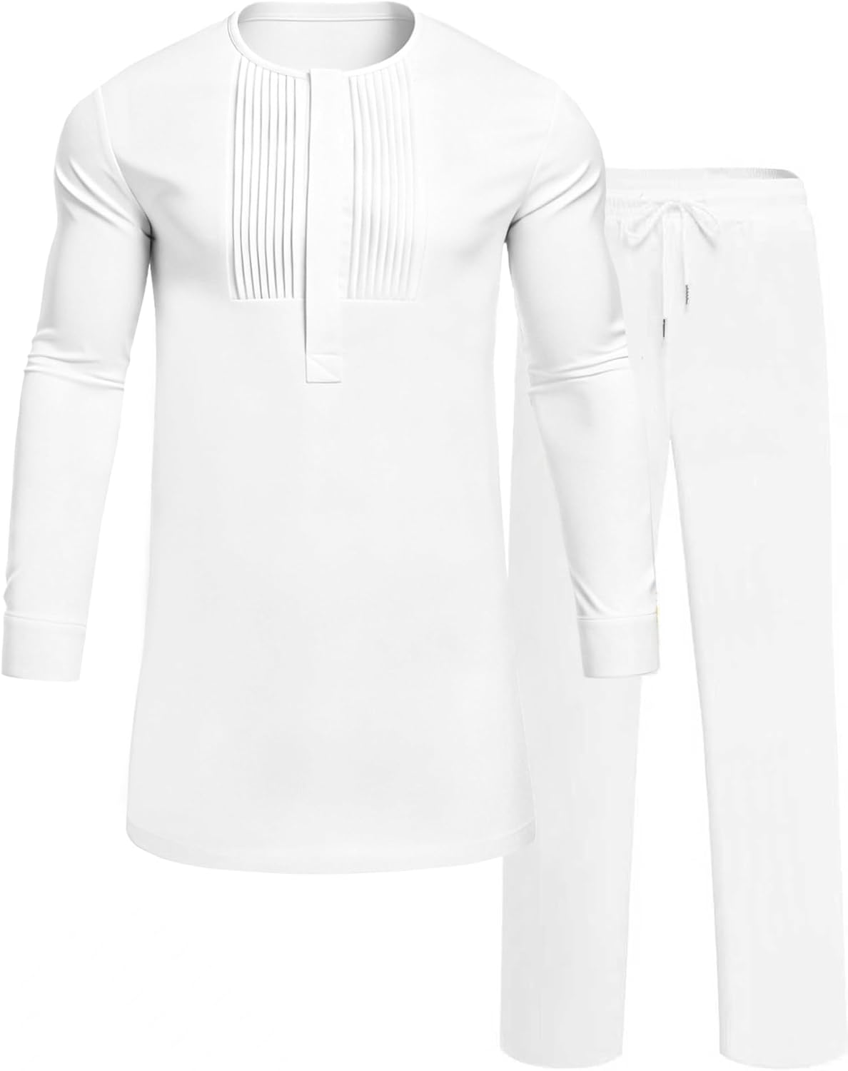 Men's African Dashiki Two-Piece Set - Long Sleeve Pleated Snap-Button Shirt and Matching Trousers - Small