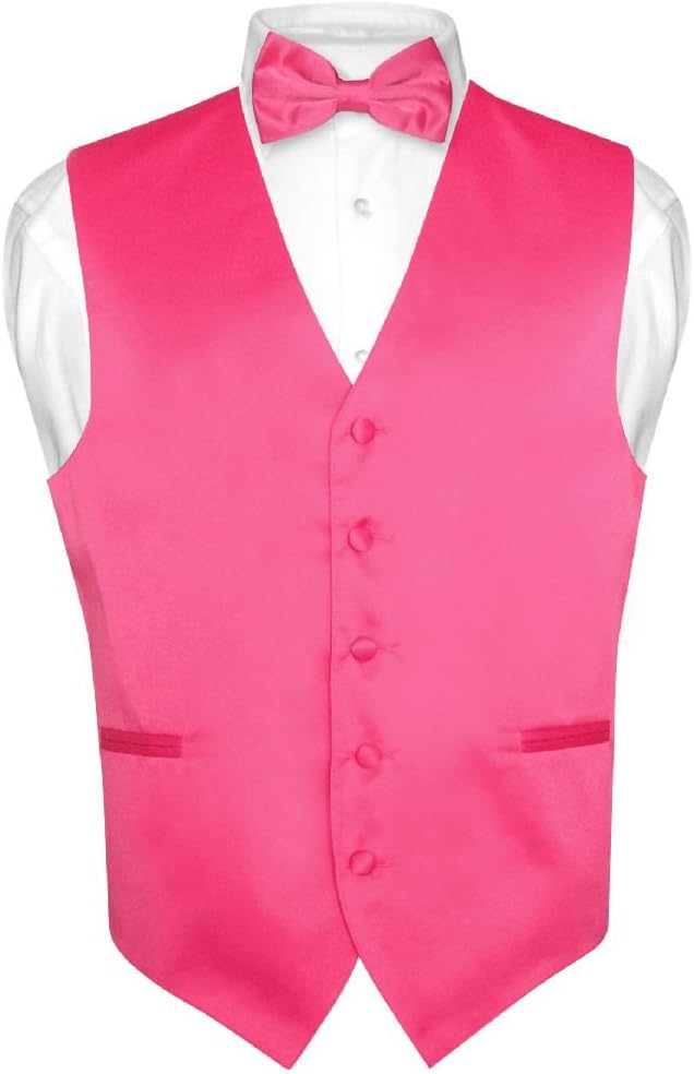 Men's Pink Dress Vest and Bow Tie Set - Solid Colour Waistcoat for Suits and Tuxedos - Small (10)