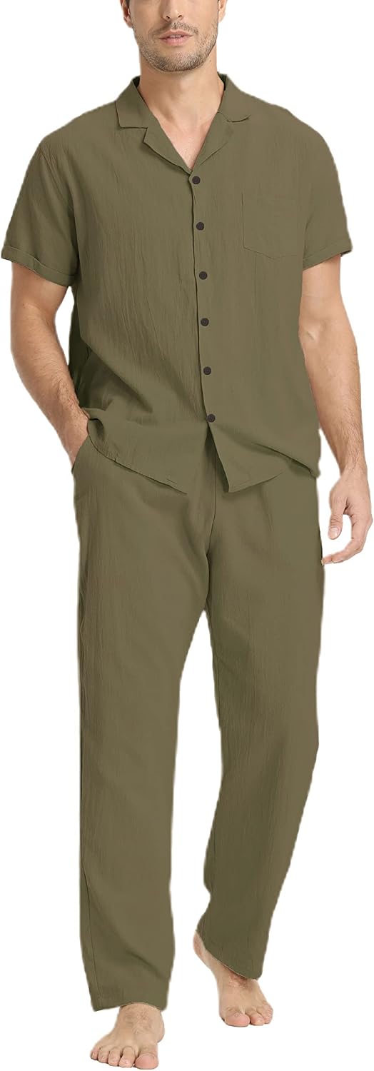Men's Linen Two-Piece Set - Short Sleeve Shirt and Relaxed Trousers for Beach Weddings and Resort Days - Small