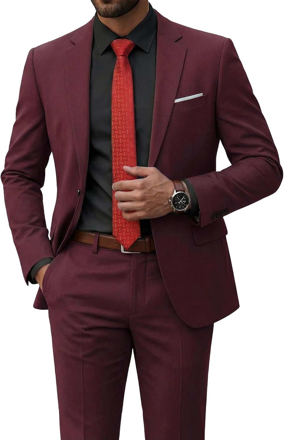 Men's Two-Piece Slim Fit Suit - Stretch One-Button Jacket, Trousers and Tie Set in Solid Colours - Small (11)