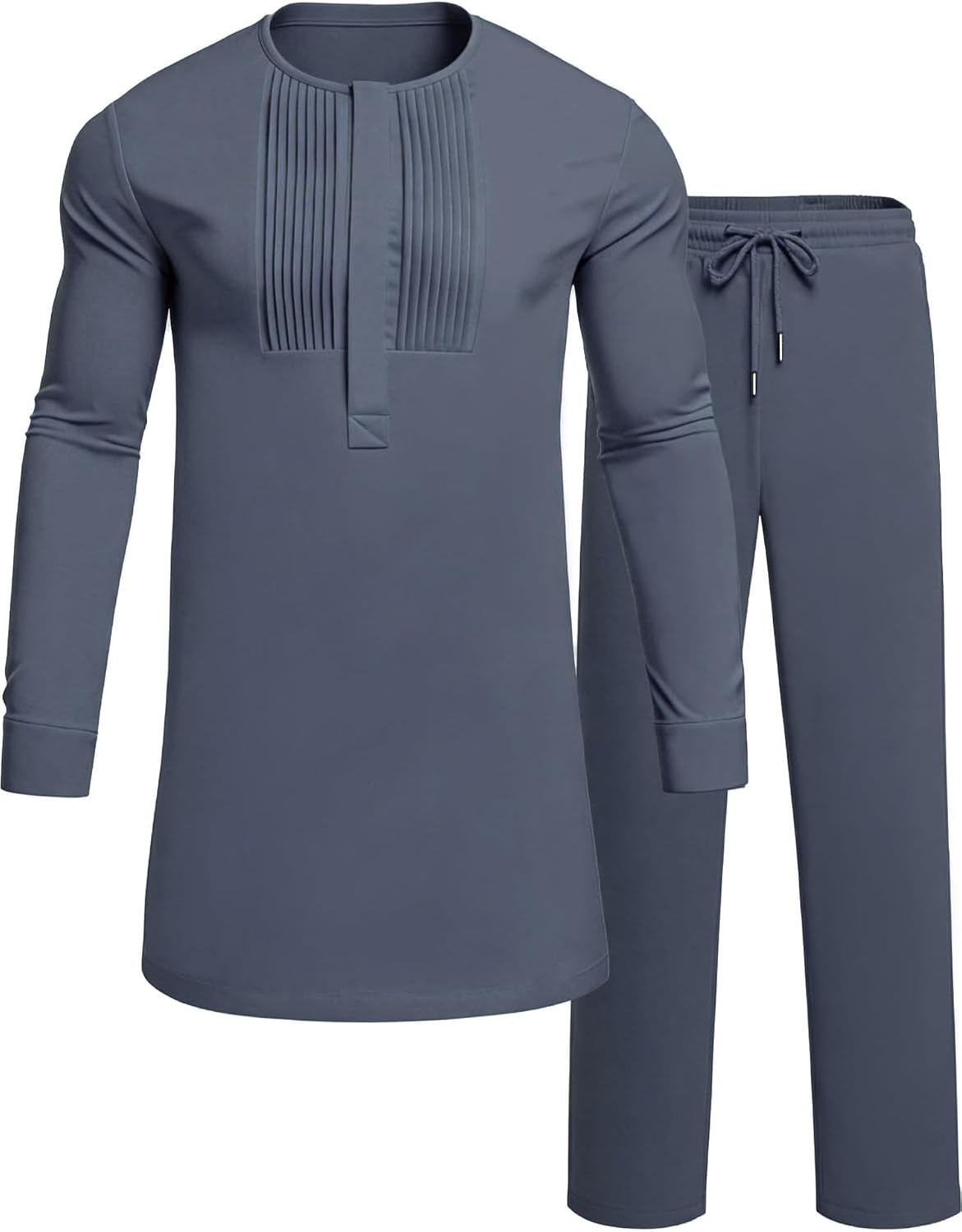 Men's African Dashiki Two-Piece Set - Long Sleeve Pleated Snap-Button Shirt and Matching Trousers - Small