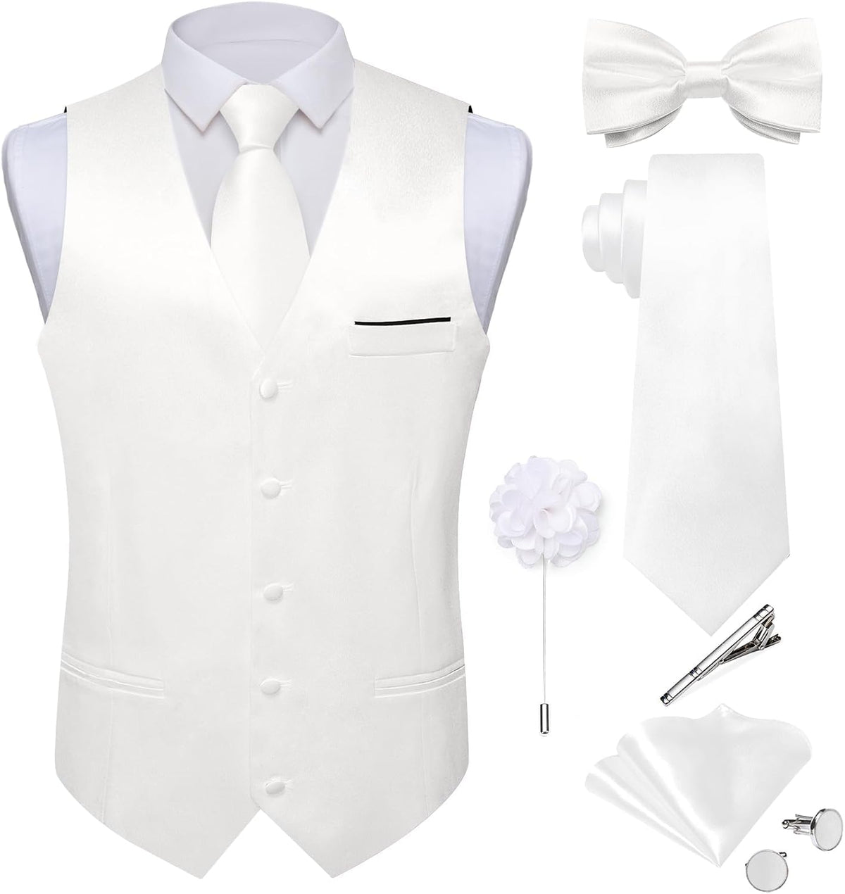 Men's Satin Suit Vest and Tie Set - Eight-Piece Solid Waistcoat, Bow Tie and Lapel Pin for Weddings - Small