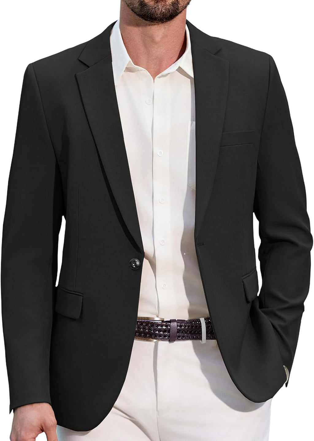 Men's One-Button Slim Fit Blazer - Notched Lapel Sport Coat with Double Vents for Weddings and Business - Black