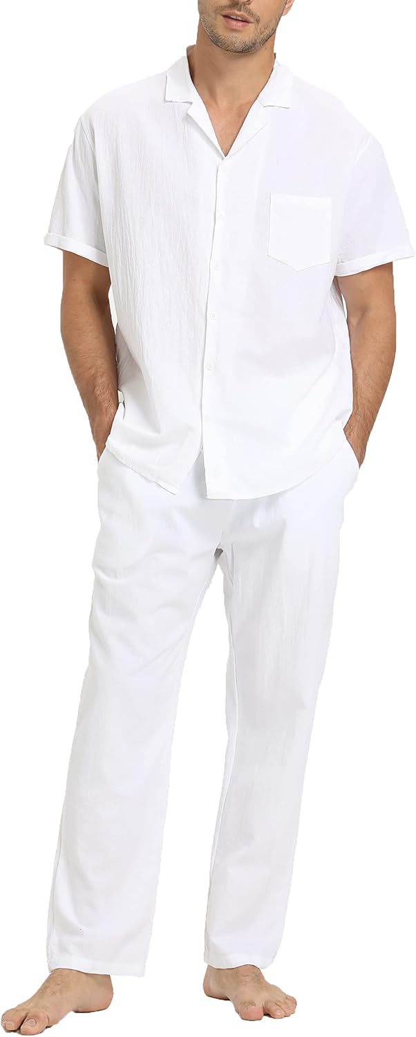 Men's Linen Two-Piece Set - Short Sleeve Shirt and Relaxed Trousers for Beach Weddings and Resort Days - Small