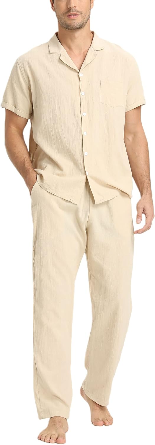 Men's Linen Two-Piece Set - Short Sleeve Shirt and Relaxed Trousers for Beach Weddings and Resort Days - Small