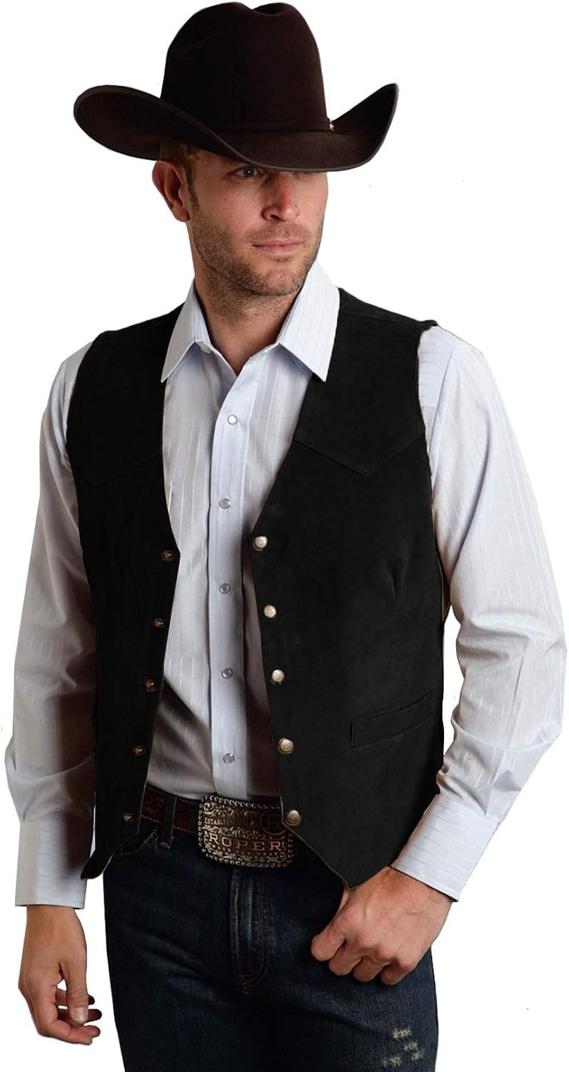 Men's Suede Leather Vest - Vintage Slim Fit Cowboy Waistcoat for Weddings, Proms and Dinners - Small