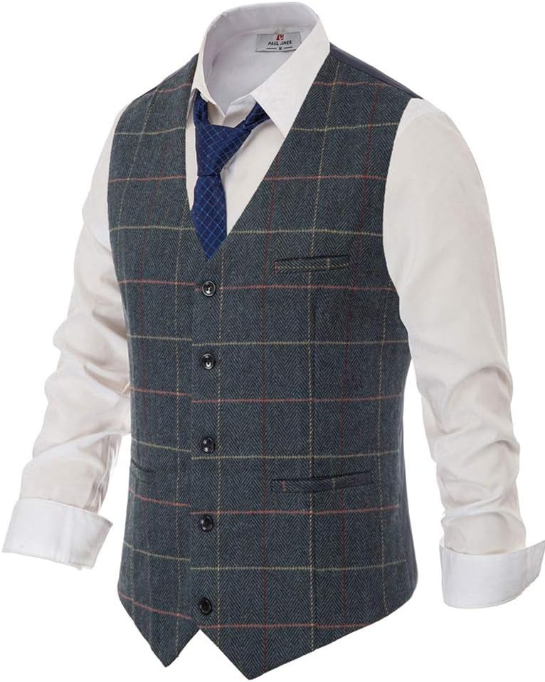 Men's Tweed Suit Vest - Vintage Herringbone Wool-Blend Waistcoat with V Neck and Five Buttons - Small