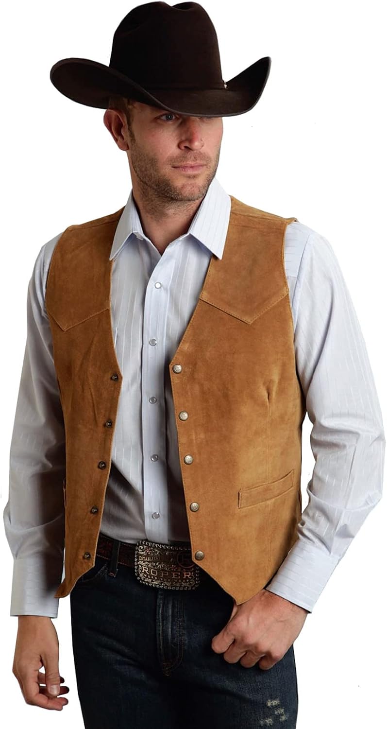 Men's Suede Leather Vest - Vintage Slim Fit Cowboy Waistcoat for Weddings, Proms and Dinners - Small
