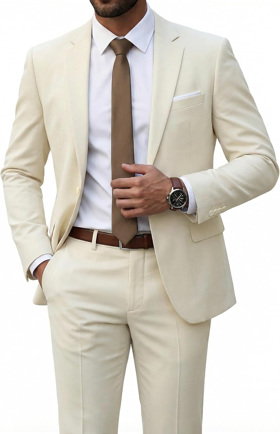Men's Two-Piece Slim Fit Suit - Stretch One-Button Jacket, Trousers and Tie Set in Solid Colours - Medium