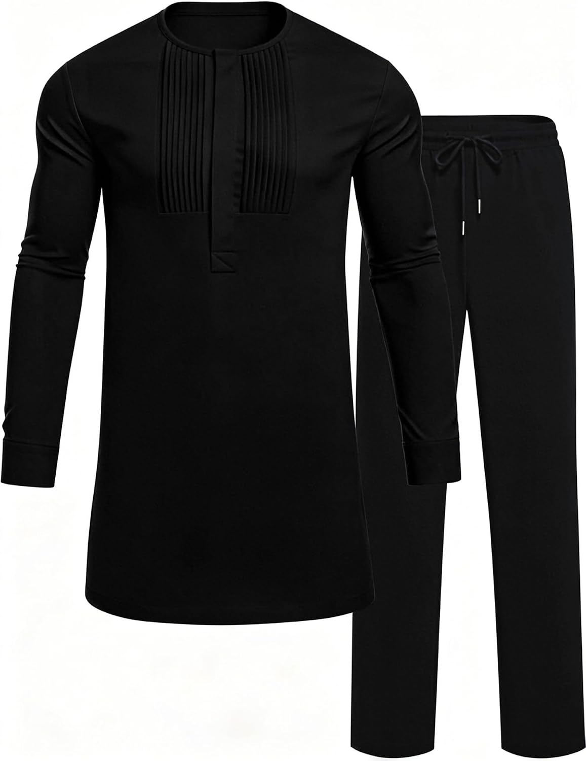 Men's African Dashiki Two-Piece Set - Long Sleeve Pleated Snap-Button Shirt and Matching Trousers - Small