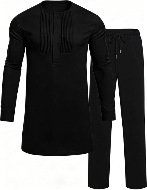 Men's African Dashiki Two-Piece Set - Long Sleeve Pleated Snap-Button Shirt and Matching Trousers - Small