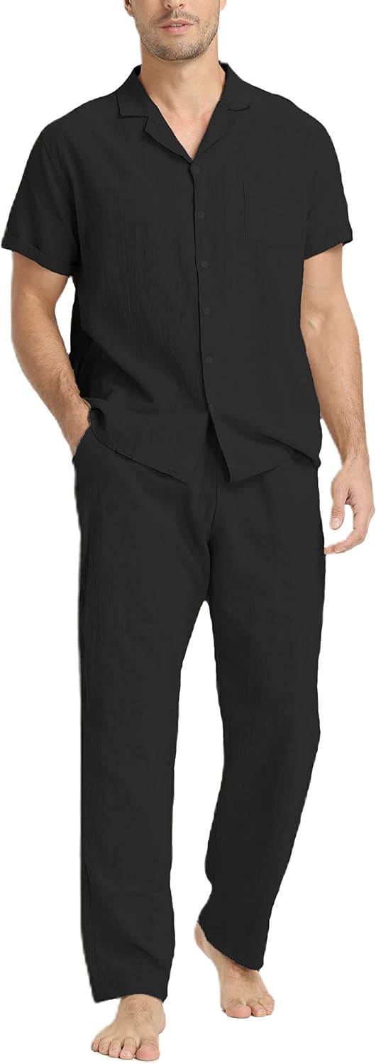 Men's Linen Two-Piece Set - Short Sleeve Shirt and Relaxed Trousers for Beach Weddings and Resort Days - Medium