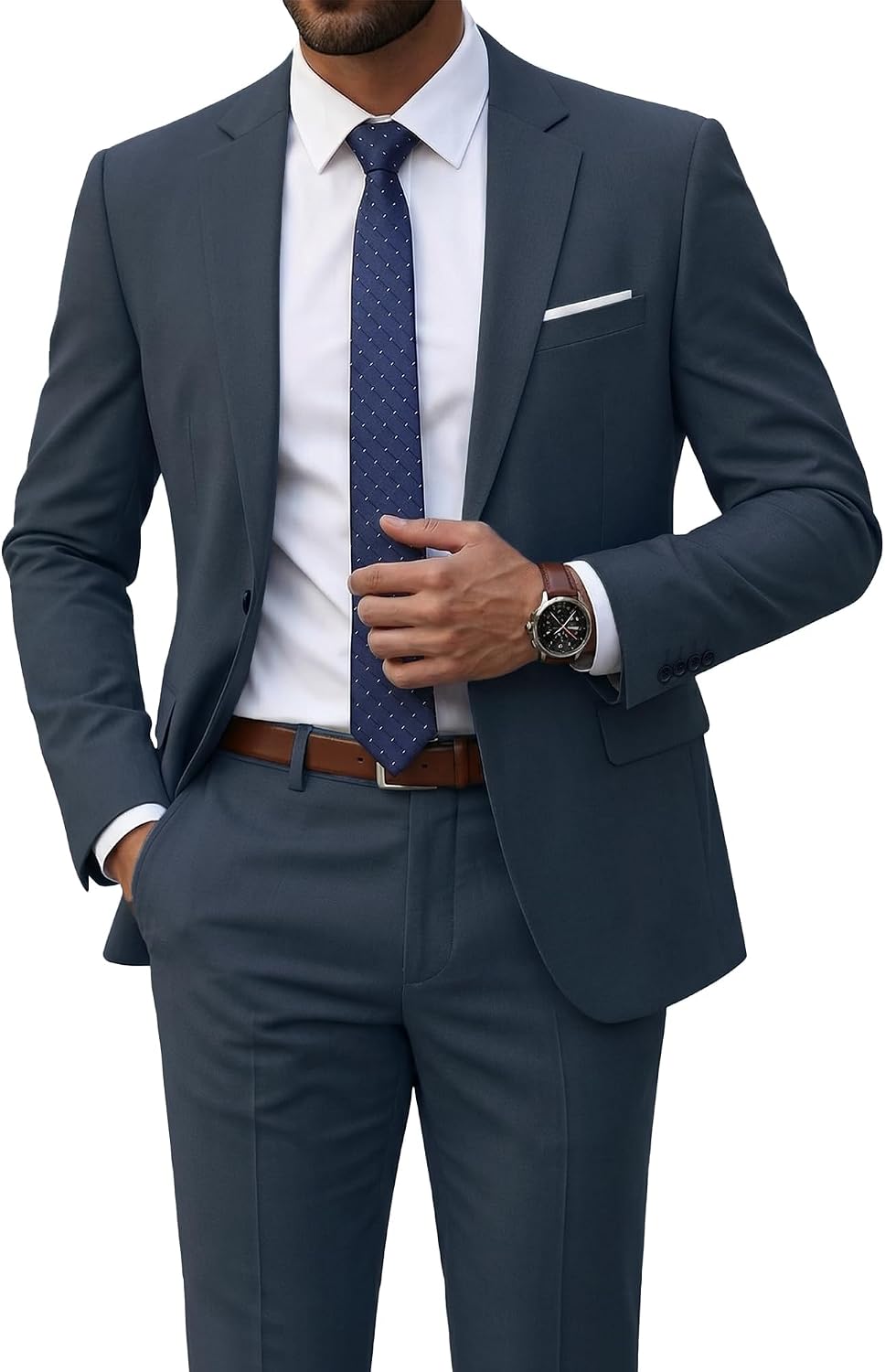 Men's Two-Piece Slim Fit Suit - Stretch One-Button Jacket, Trousers and Tie Set in Solid Colours - Small (10)