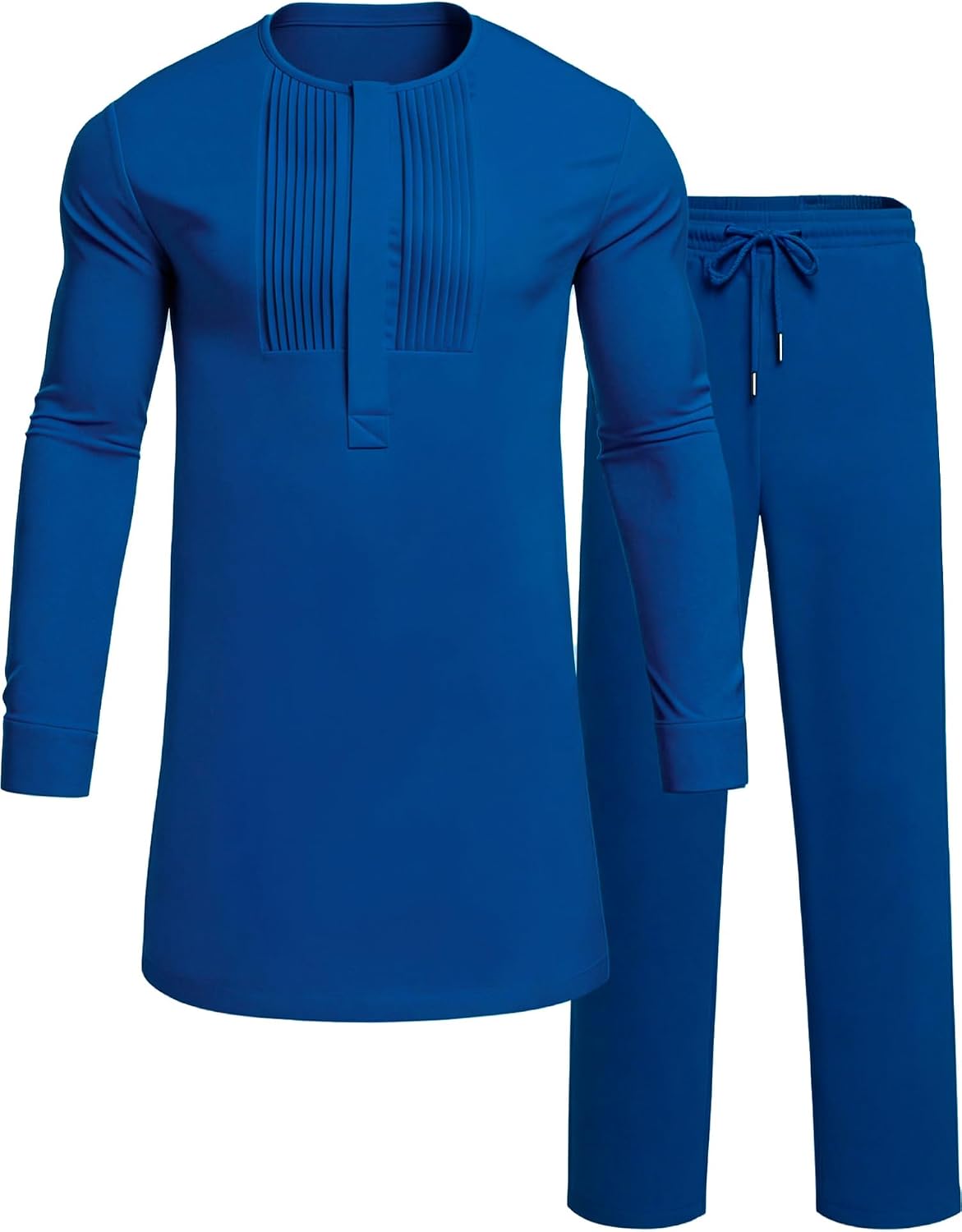 Men's African Dashiki Two-Piece Set - Long Sleeve Pleated Snap-Button Shirt and Matching Trousers - Small