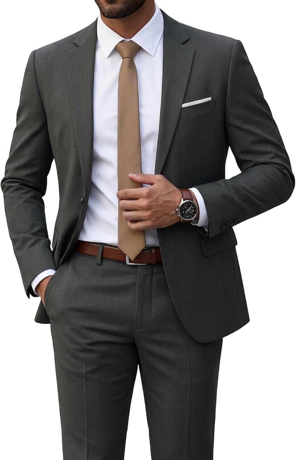 Men's Two-Piece Slim Fit Suit - Stretch One-Button Jacket, Trousers and Tie Set in Solid Colours - Large