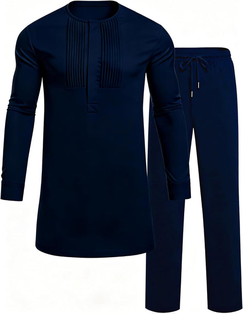 Men's African Dashiki Two-Piece Set - Long Sleeve Pleated Snap-Button Shirt and Matching Trousers - Small