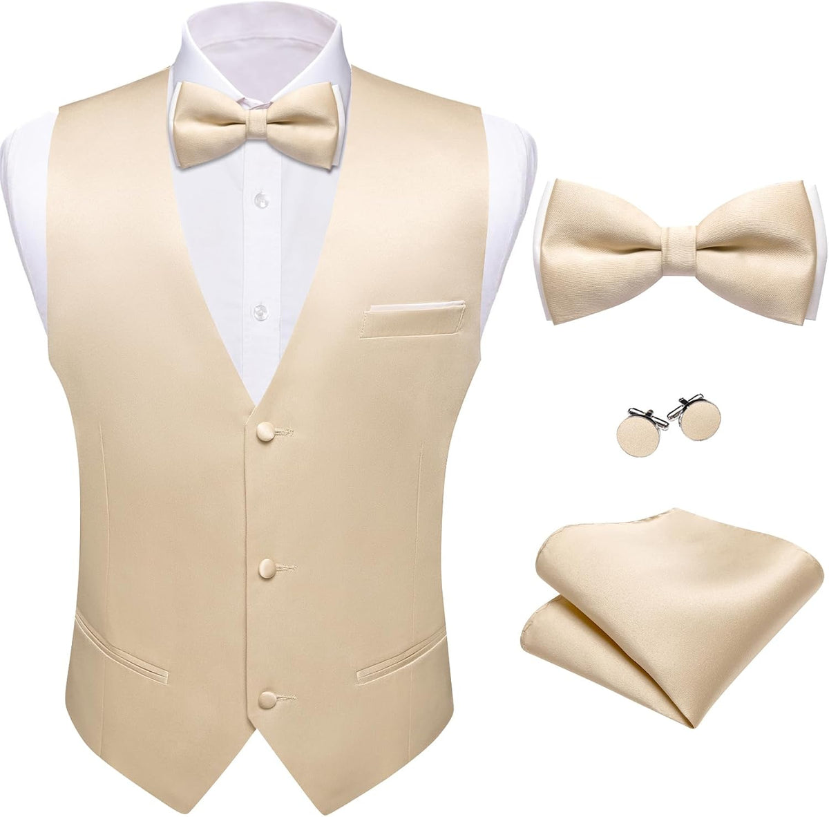 Men's Suit Vest and Bow Tie Set - Four-Piece V-Neck Slim Fit Waistcoat for Weddings and Proms - Small