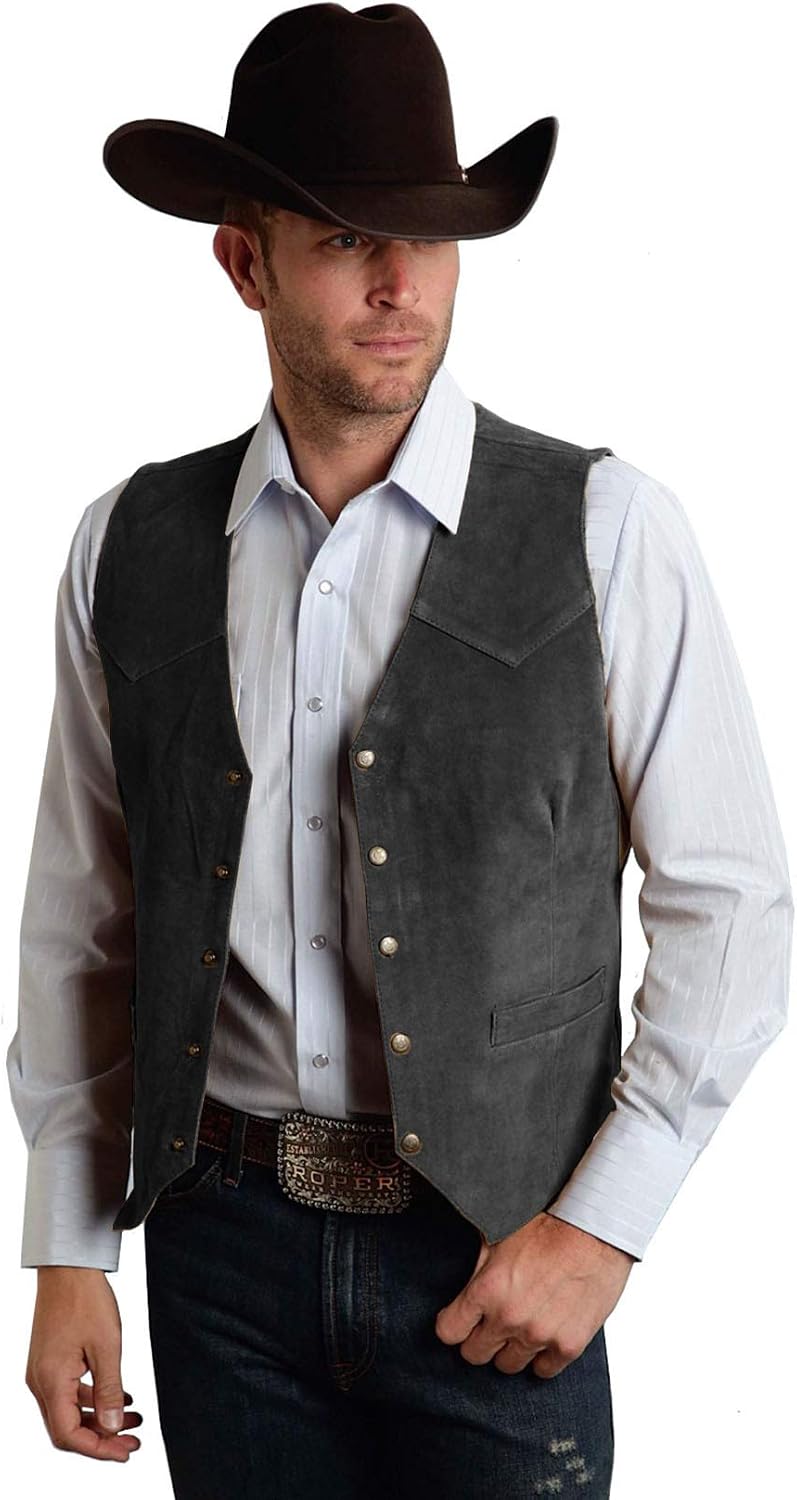 Men's Suede Leather Vest - Vintage Slim Fit Cowboy Waistcoat for Weddings, Proms and Dinners - Small