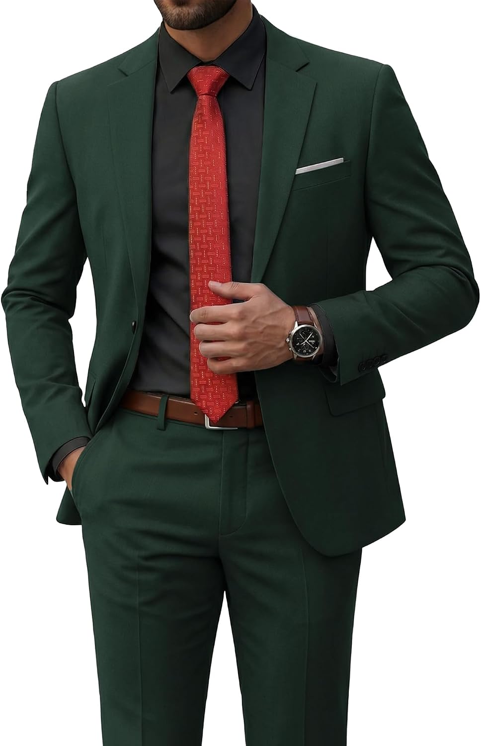 Men's Two-Piece Slim Fit Suit - Stretch One-Button Jacket, Trousers and Tie Set in Solid Colours - Small (16)