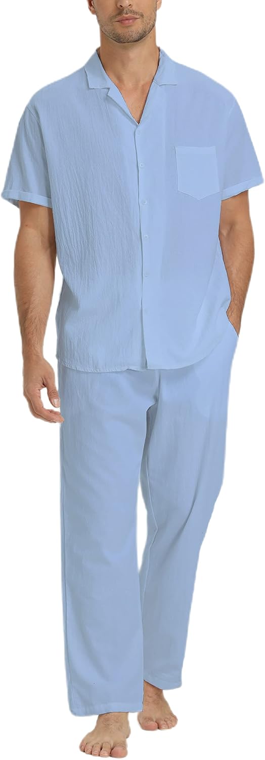 Men's Linen Two-Piece Set - Short Sleeve Shirt and Relaxed Trousers for Beach Weddings and Resort Days - Small