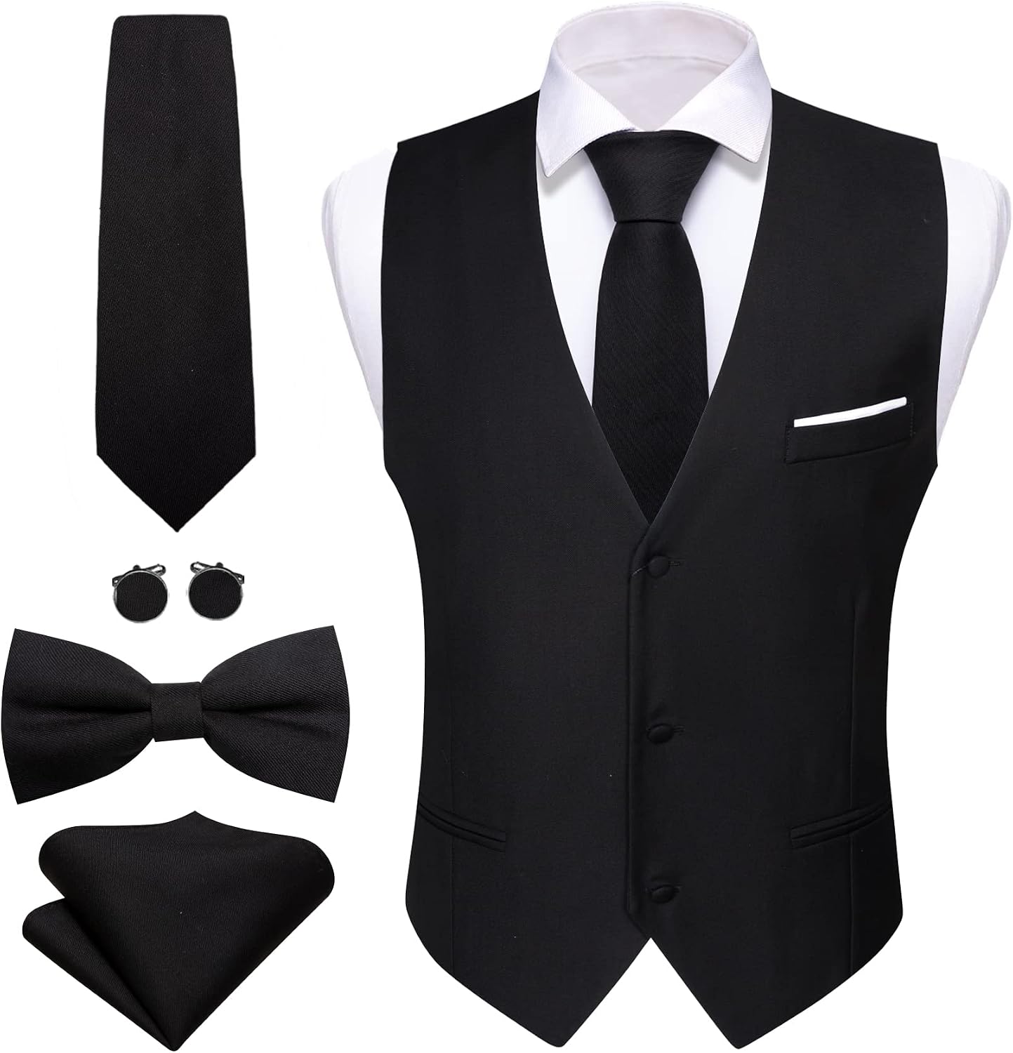 Men's Formal Suit Vest Set - Five-Piece Slim Fit V-Neck Waistcoat with Tie and Bow Tie - Medium