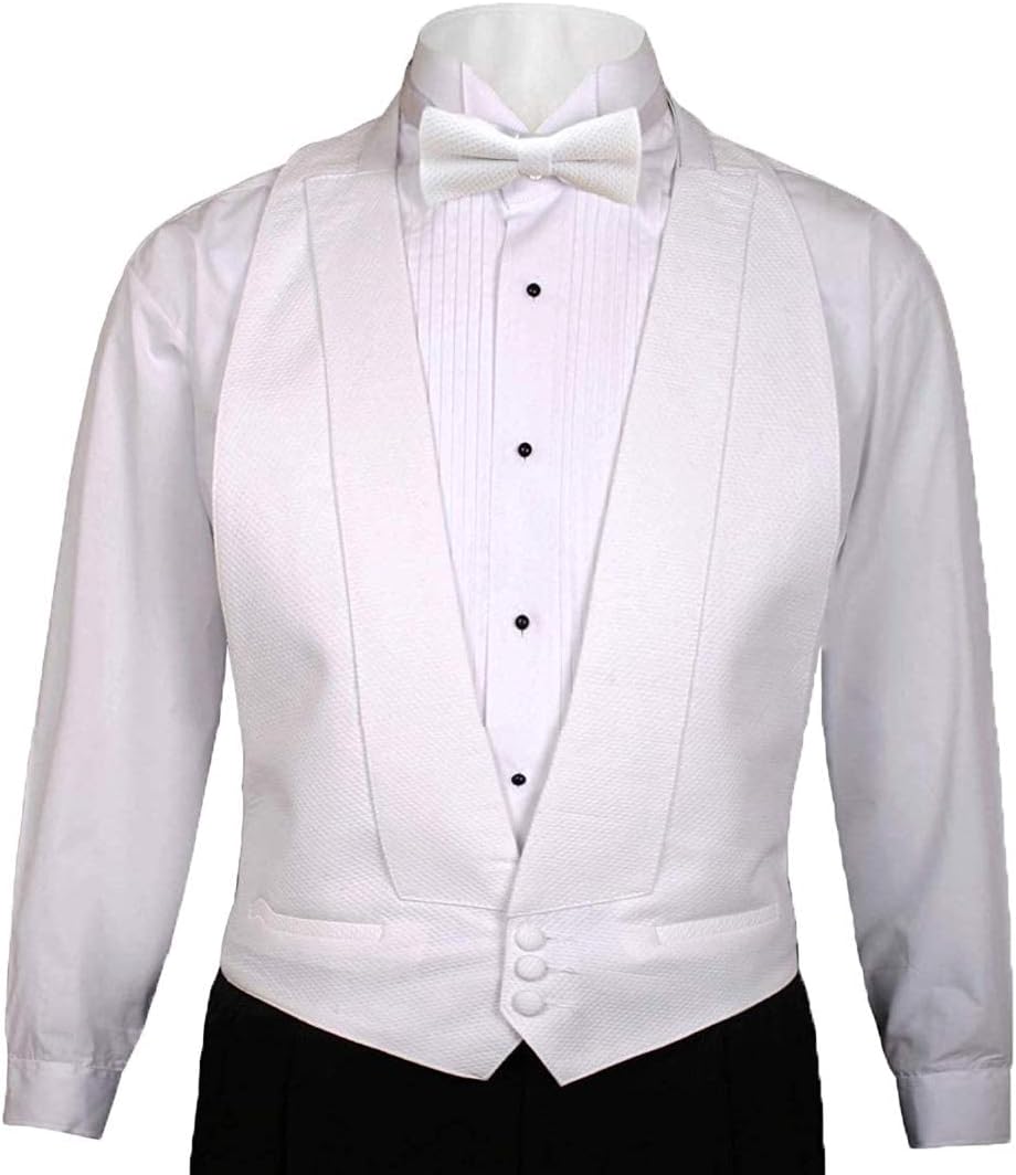 Men's White Cotton Pique Tuxedo Vest - Backless Open-Back Waistcoat with Matching Pique Bow Tie - Fit all S-XL(37-50)