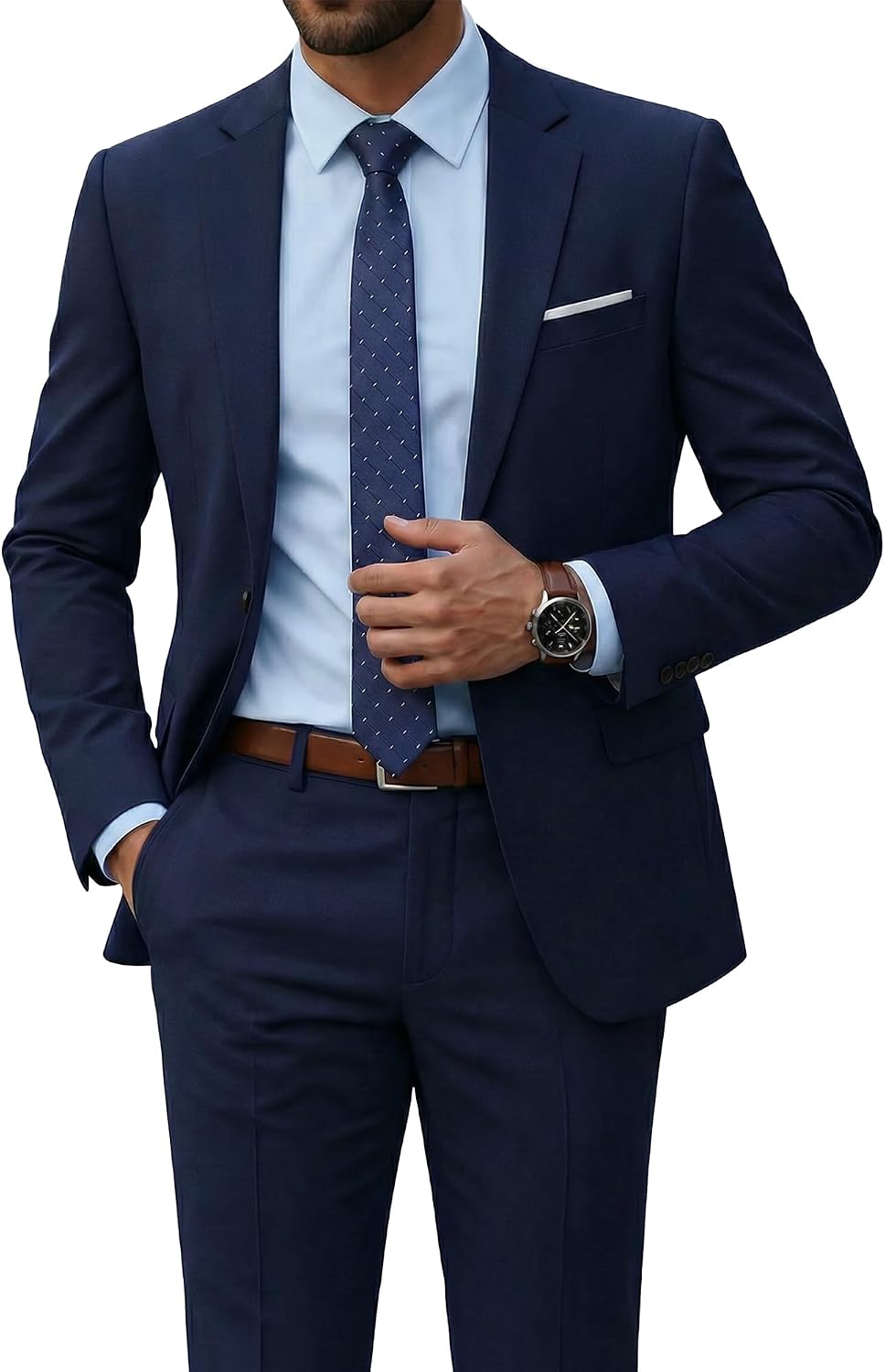 Men's Two-Piece Slim Fit Suit - Stretch One-Button Jacket, Trousers and Tie Set in Solid Colours - Large