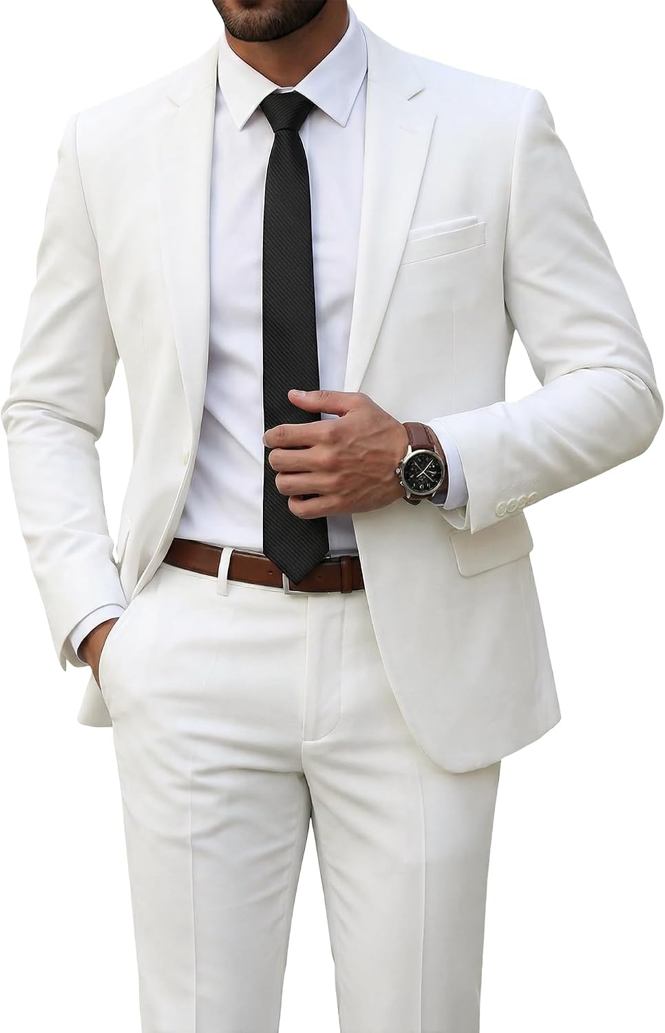 Men's Two-Piece Slim Fit Suit - Stretch One-Button Jacket, Trousers and Tie Set in Solid Colours - Small (14)
