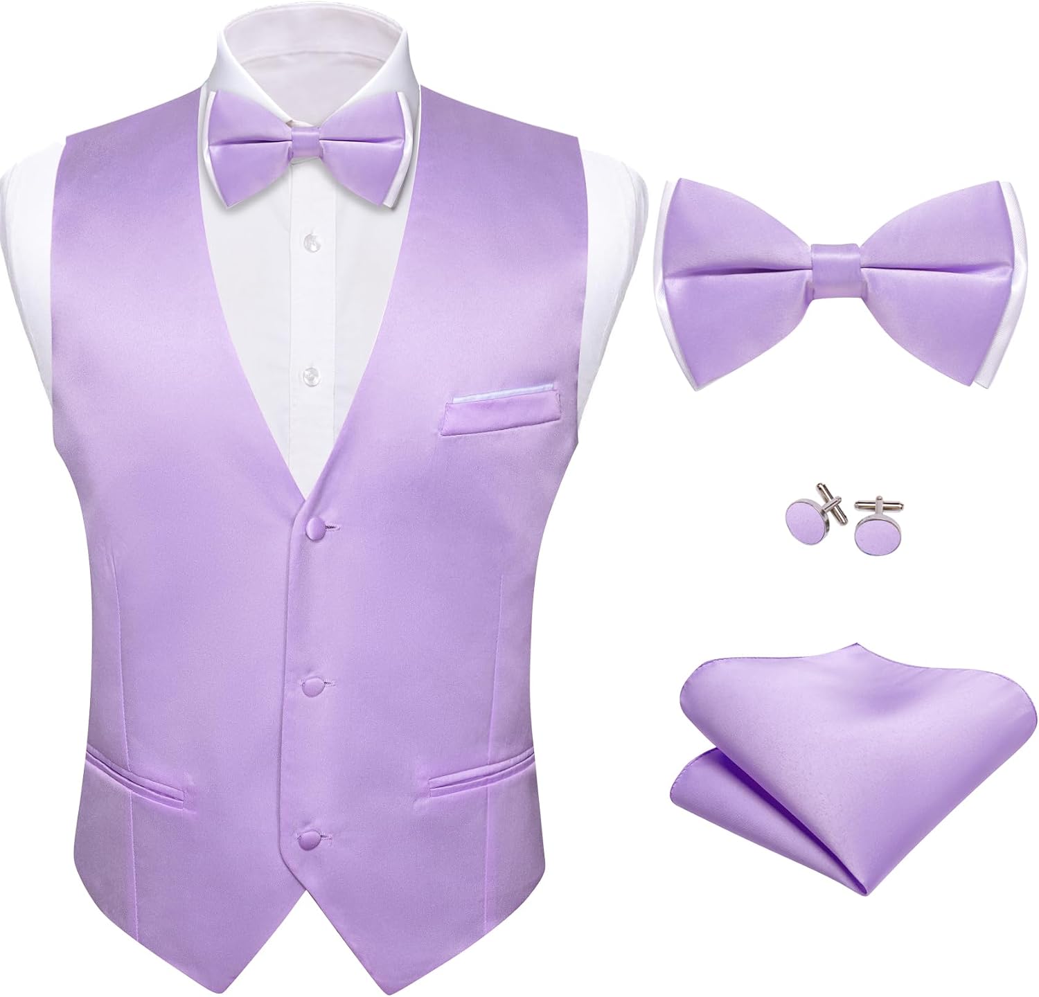 Men's Suit Vest and Bow Tie Set - Four-Piece V-Neck Slim Fit Waistcoat for Weddings and Proms - Small