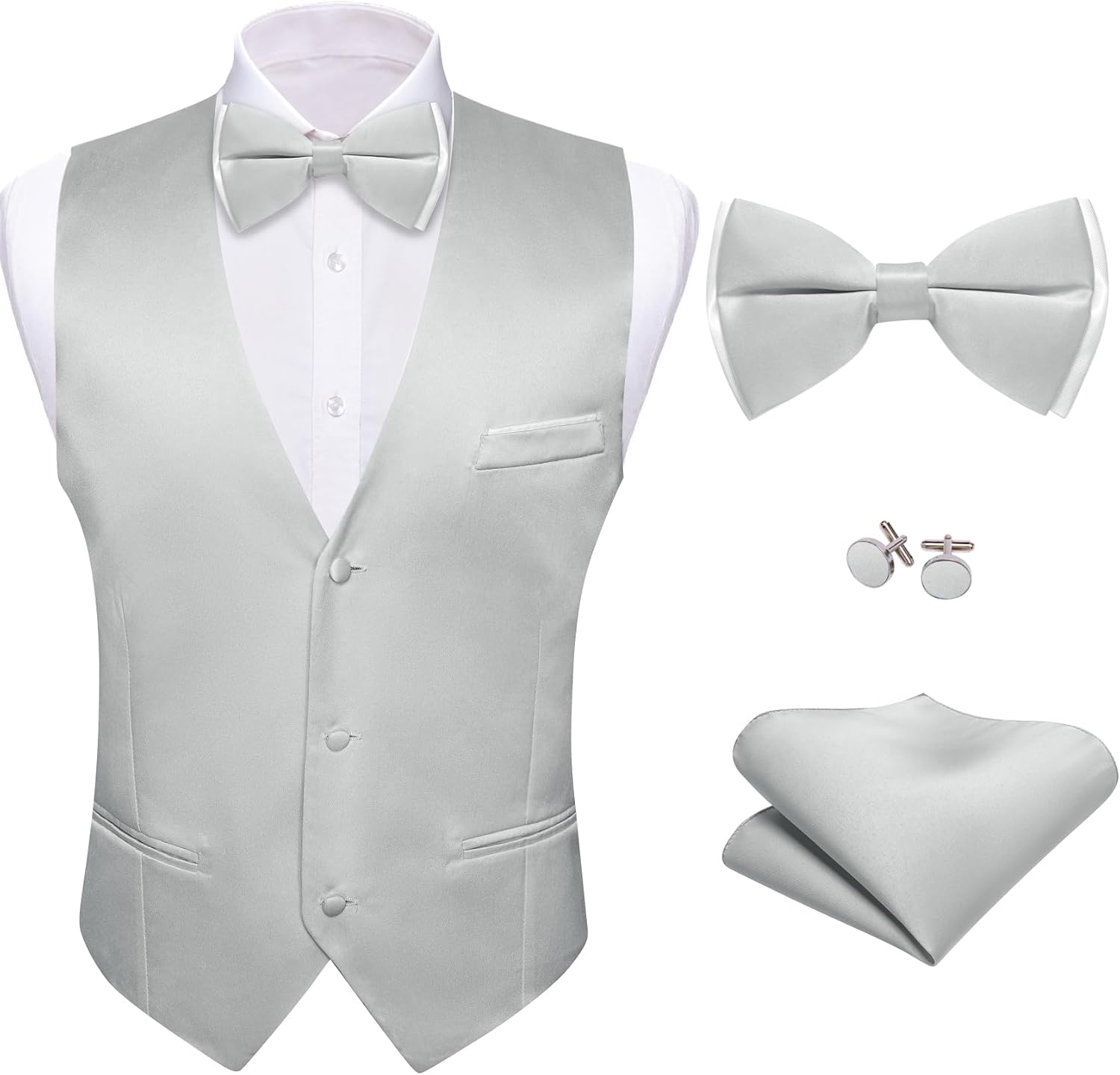 Men's Suit Vest and Bow Tie Set - Four-Piece V-Neck Slim Fit Waistcoat for Weddings and Proms - Large