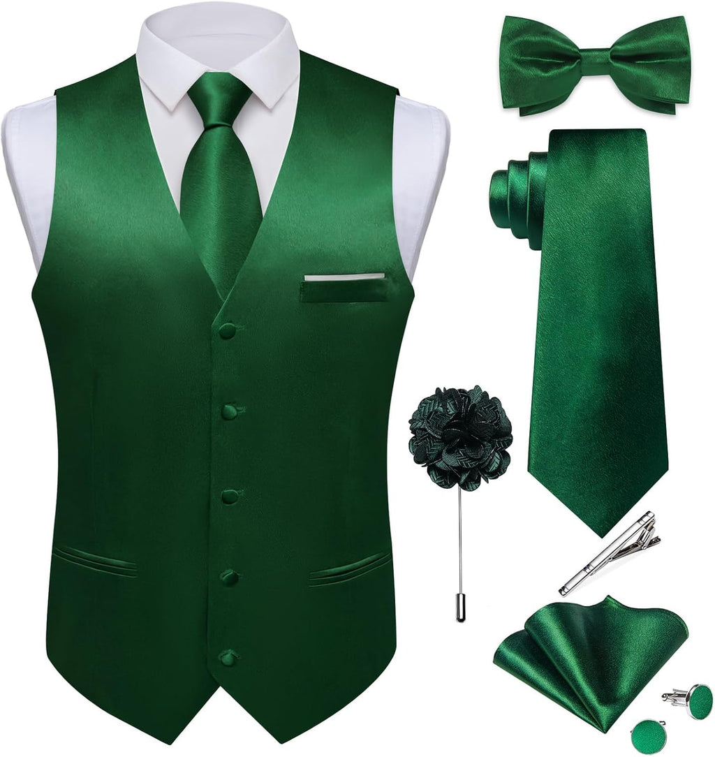 Men's Satin Suit Vest and Tie Set - Eight-Piece Solid Waistcoat, Bow Tie and Lapel Pin for Weddings - Medium