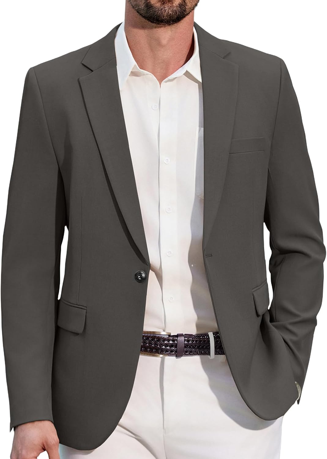 Men's One-Button Slim Fit Blazer - Notched Lapel Sport Coat with Double Vents for Weddings and Business - Brown