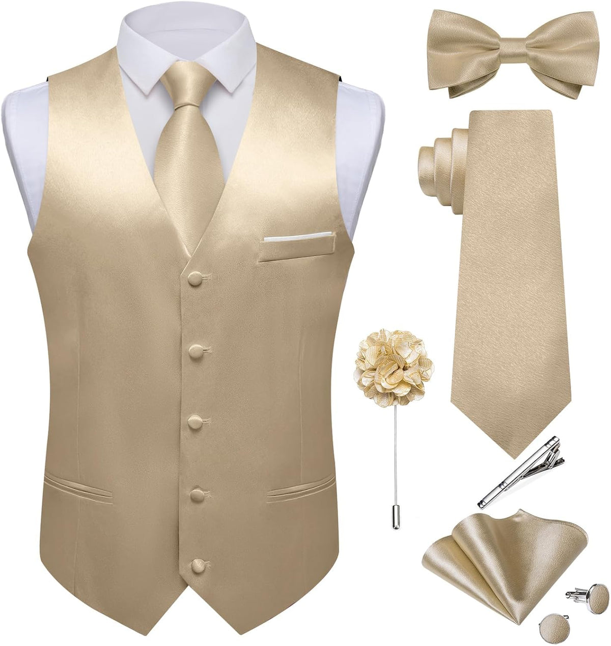 Men's Satin Suit Vest and Tie Set - Eight-Piece Solid Waistcoat, Bow Tie and Lapel Pin for Weddings - Small
