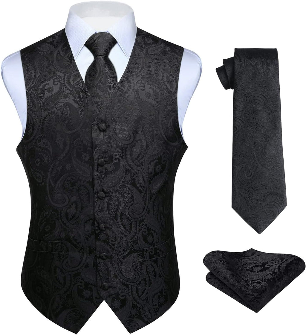 Men's Three-Piece Vest and Tie Set - Paisley Jacquard Waistcoat with Necktie and Pocket Square - Small