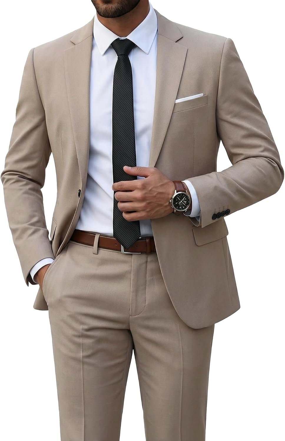 Men's Two-Piece Slim Fit Suit - Stretch One-Button Jacket, Trousers and Tie Set in Solid Colours - Large