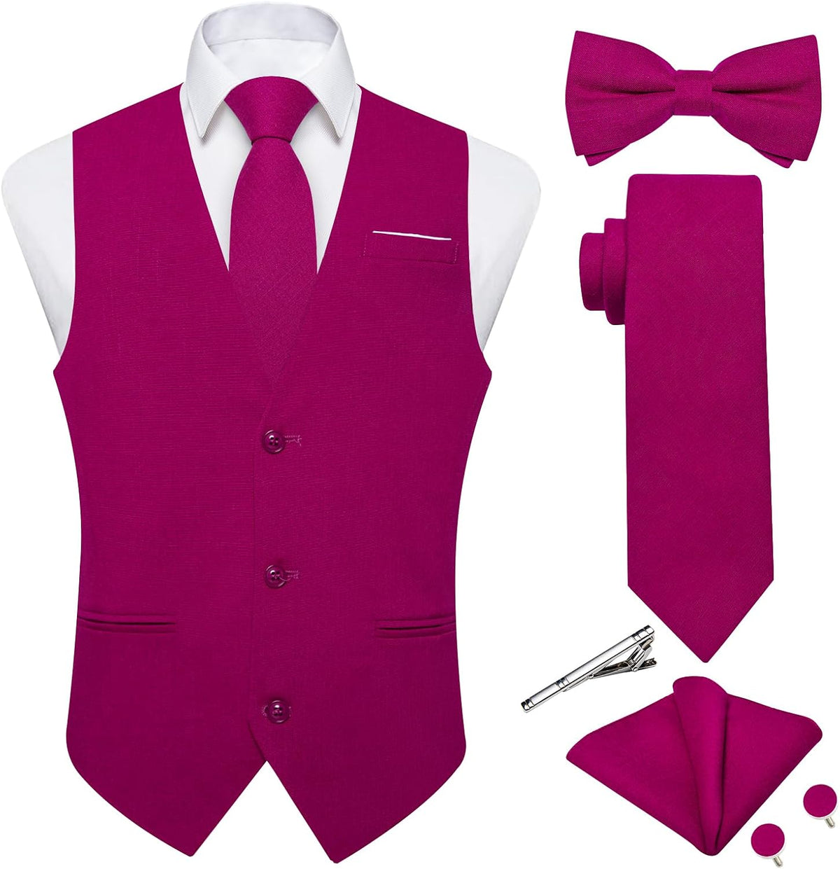 Men's Linen Suit Vest Set - Six-Piece Solid Waistcoat with Tie and Bow Tie for Weddings and Prom - Small