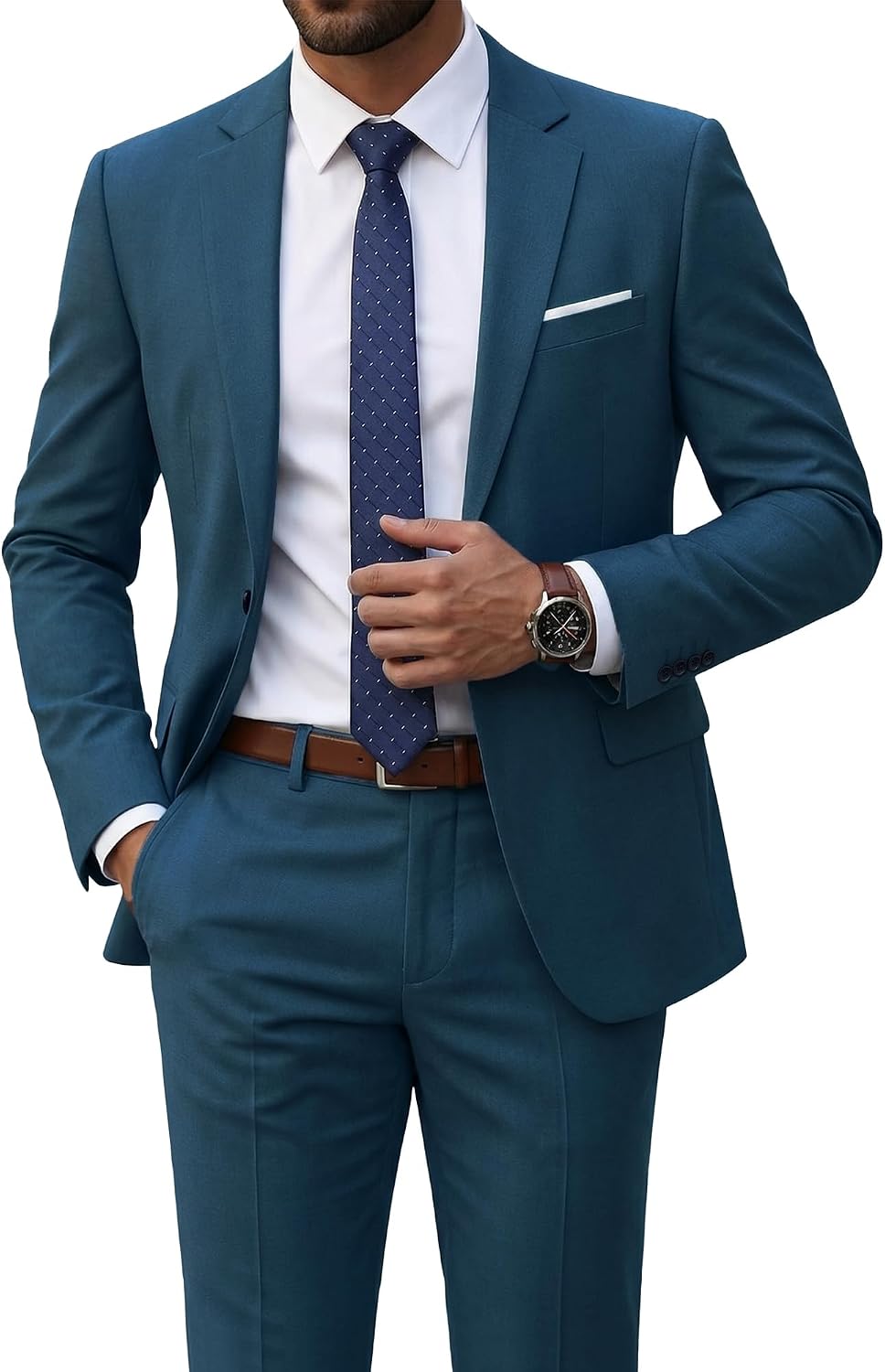 Men's Two-Piece Slim Fit Suit - Stretch One-Button Jacket, Trousers and Tie Set in Solid Colours - Medium