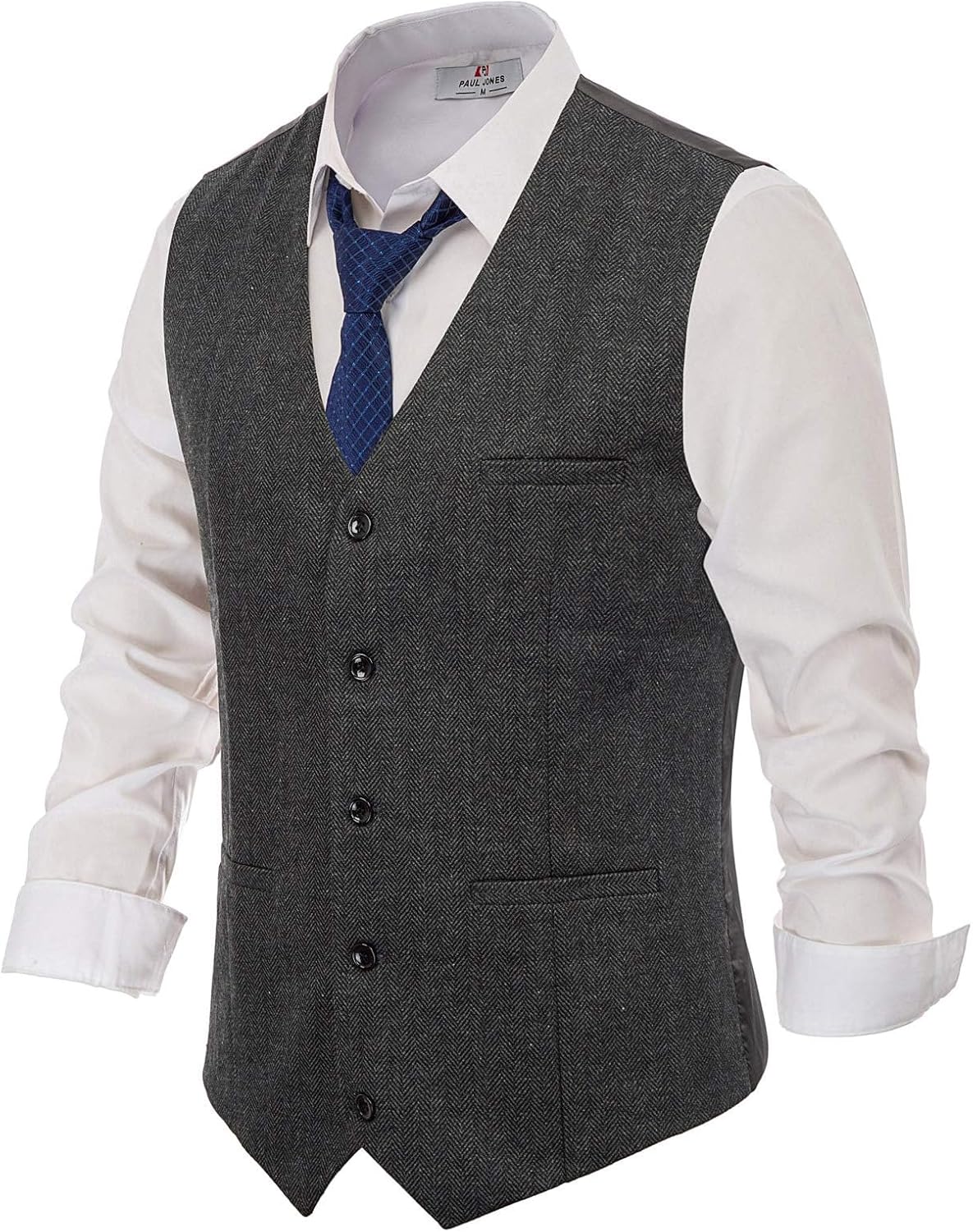 Men's Tweed Suit Vest - Vintage Herringbone Wool-Blend Waistcoat with V Neck and Five Buttons - Medium
