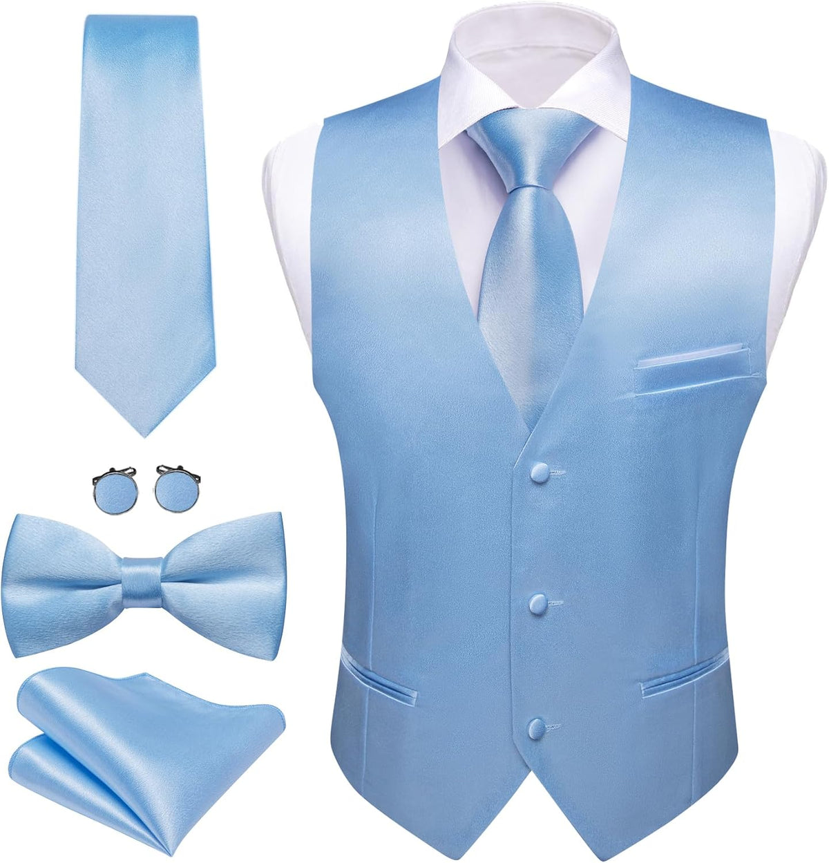 Men's Formal Suit Vest Set - Five-Piece Slim Fit V-Neck Waistcoat with Tie and Bow Tie - Small