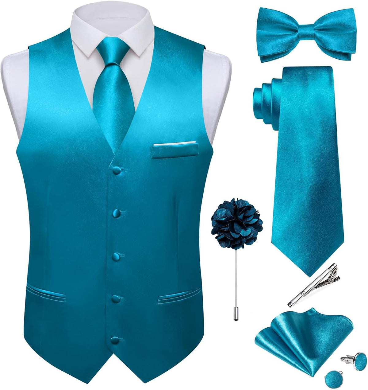 Men's Satin Suit Vest and Tie Set - Eight-Piece Solid Waistcoat, Bow Tie and Lapel Pin for Weddings - Medium
