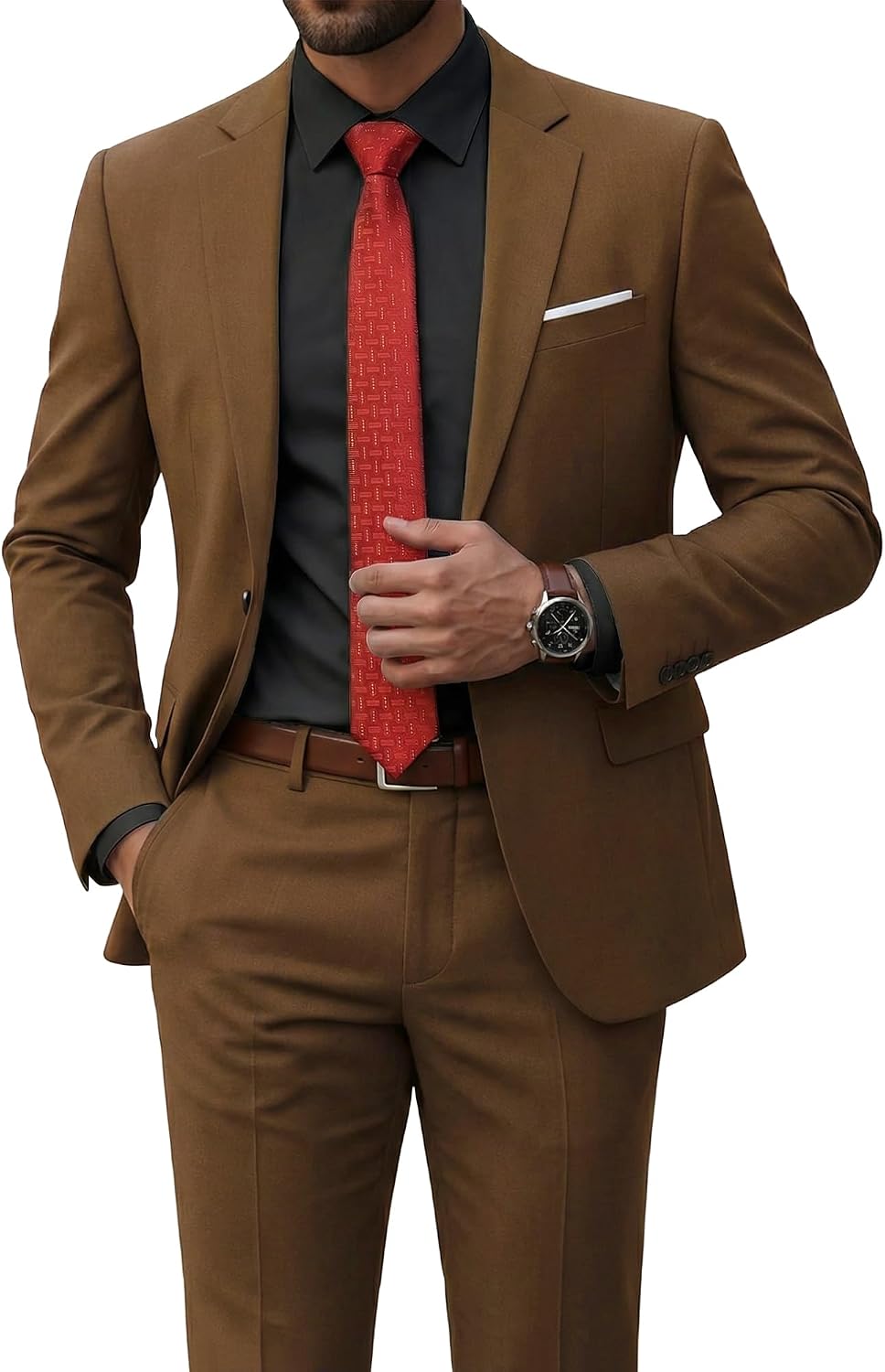 Men's Two-Piece Slim Fit Suit - Stretch One-Button Jacket, Trousers and Tie Set in Solid Colours - Medium