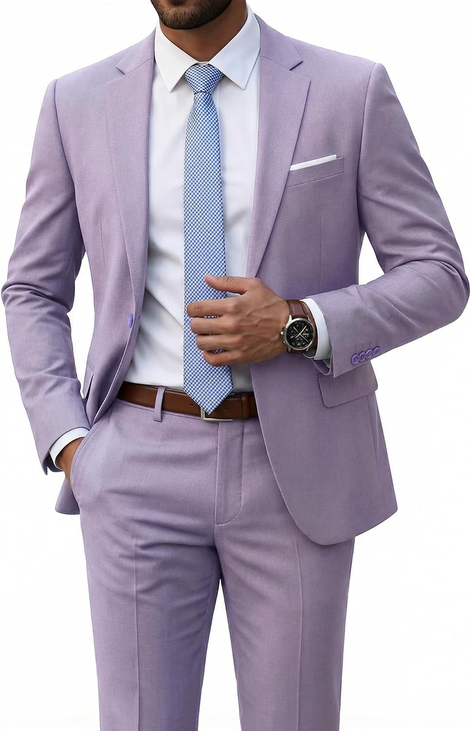 Men's Two-Piece Slim Fit Suit - Stretch One-Button Jacket, Trousers and Tie Set in Solid Colours - Small