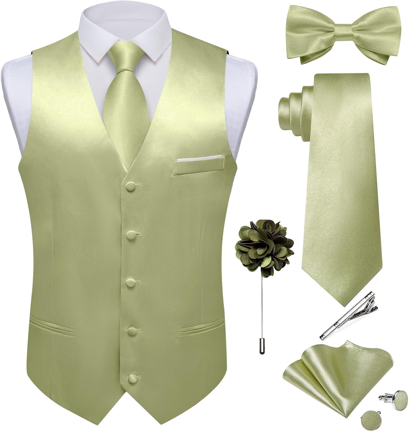 Men's Satin Suit Vest and Tie Set - Eight-Piece Solid Waistcoat, Bow Tie and Lapel Pin for Weddings - Large