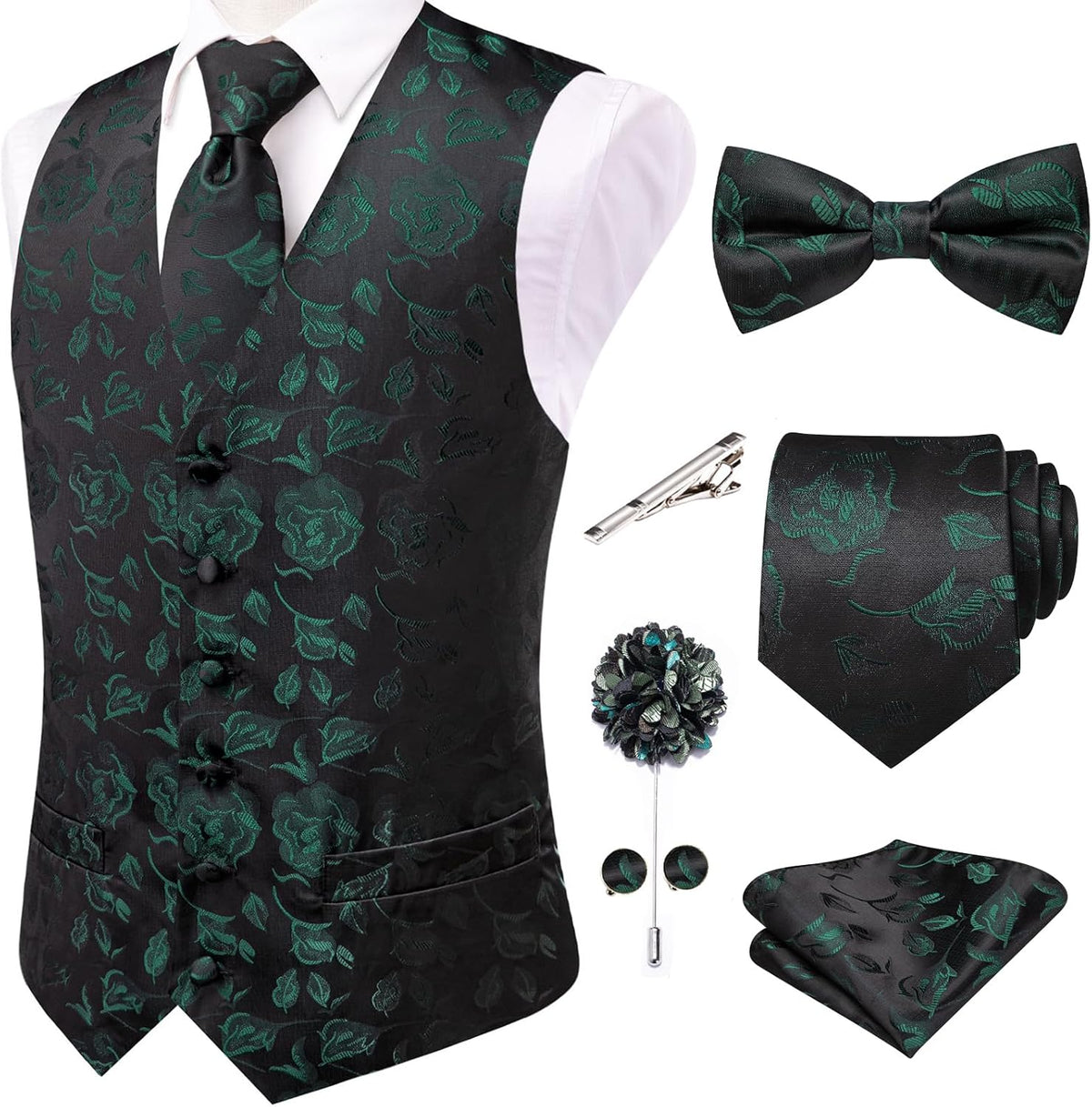 Men's Silk Jacquard Suit Vest Set - Five-Piece Slim Fit Waistcoat, Tie and Bow Tie for Weddings - Large (30)