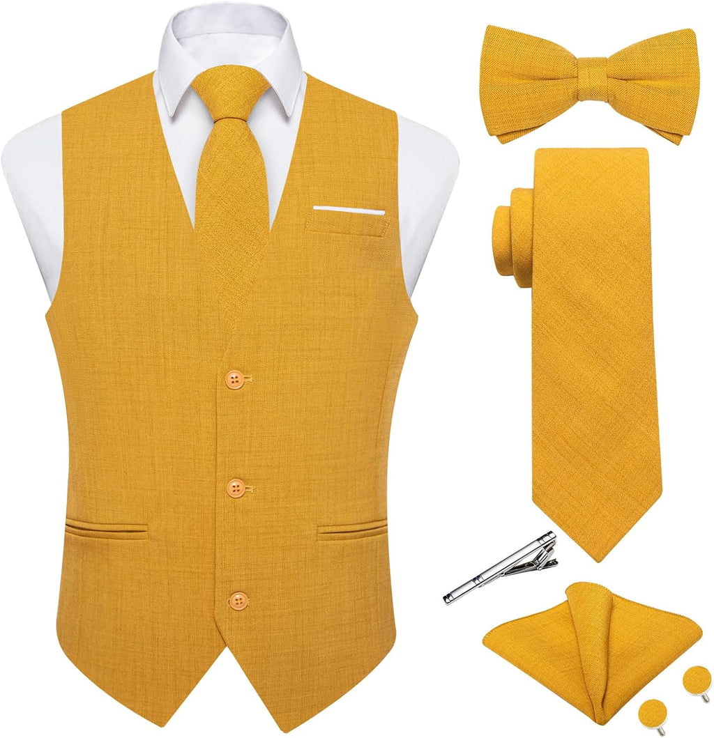 Men's Linen Suit Vest Set - Six-Piece Solid Waistcoat with Tie and Bow Tie for Weddings and Prom - Large