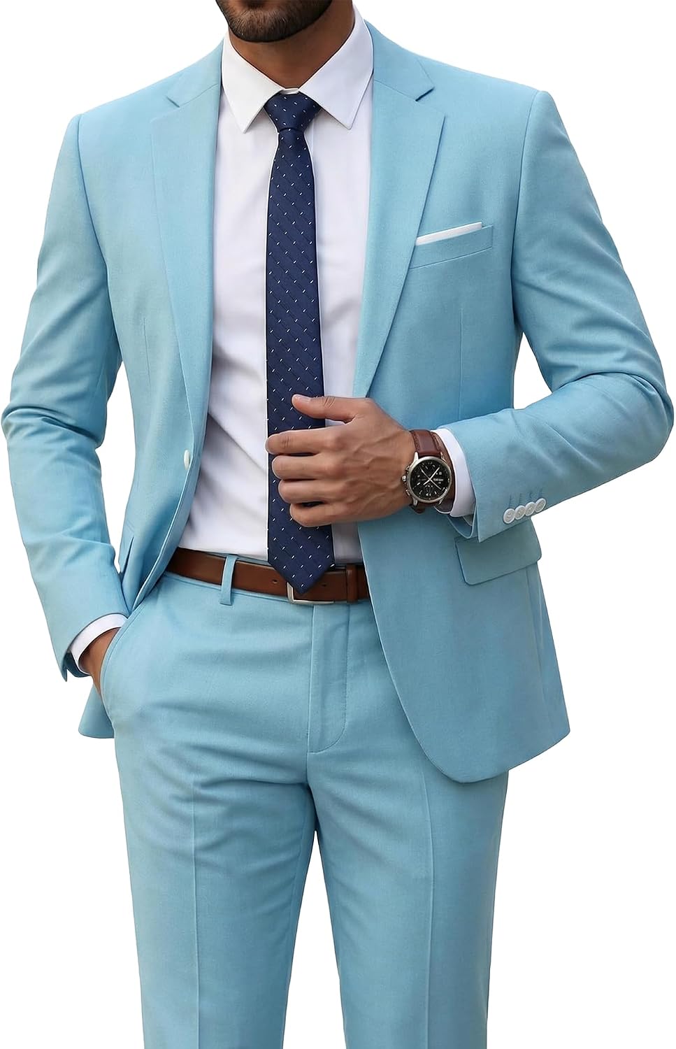 Men's Two-Piece Slim Fit Suit - Stretch One-Button Jacket, Trousers and Tie Set in Solid Colours - Small