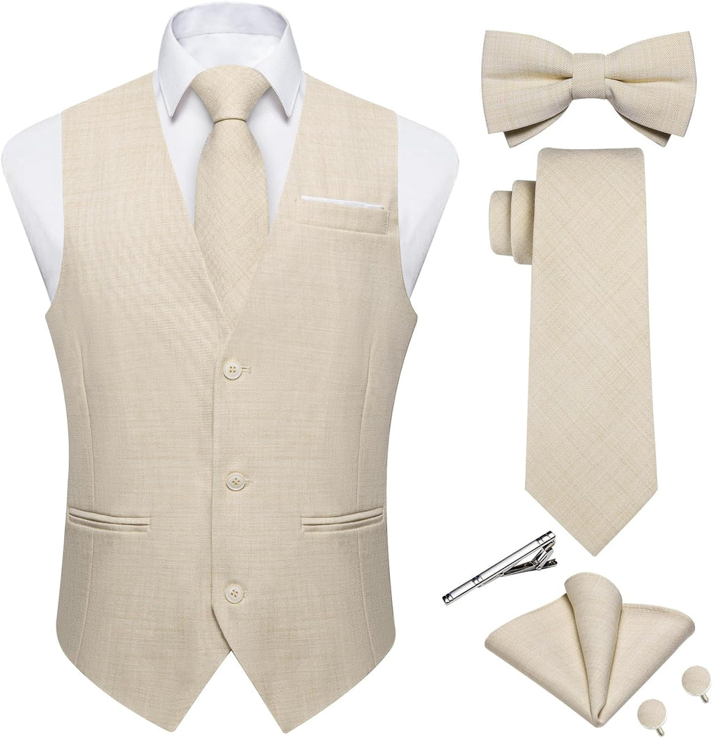 Men's Linen Suit Vest Set - Six-Piece Solid Waistcoat with Tie and Bow Tie for Weddings and Prom - Small