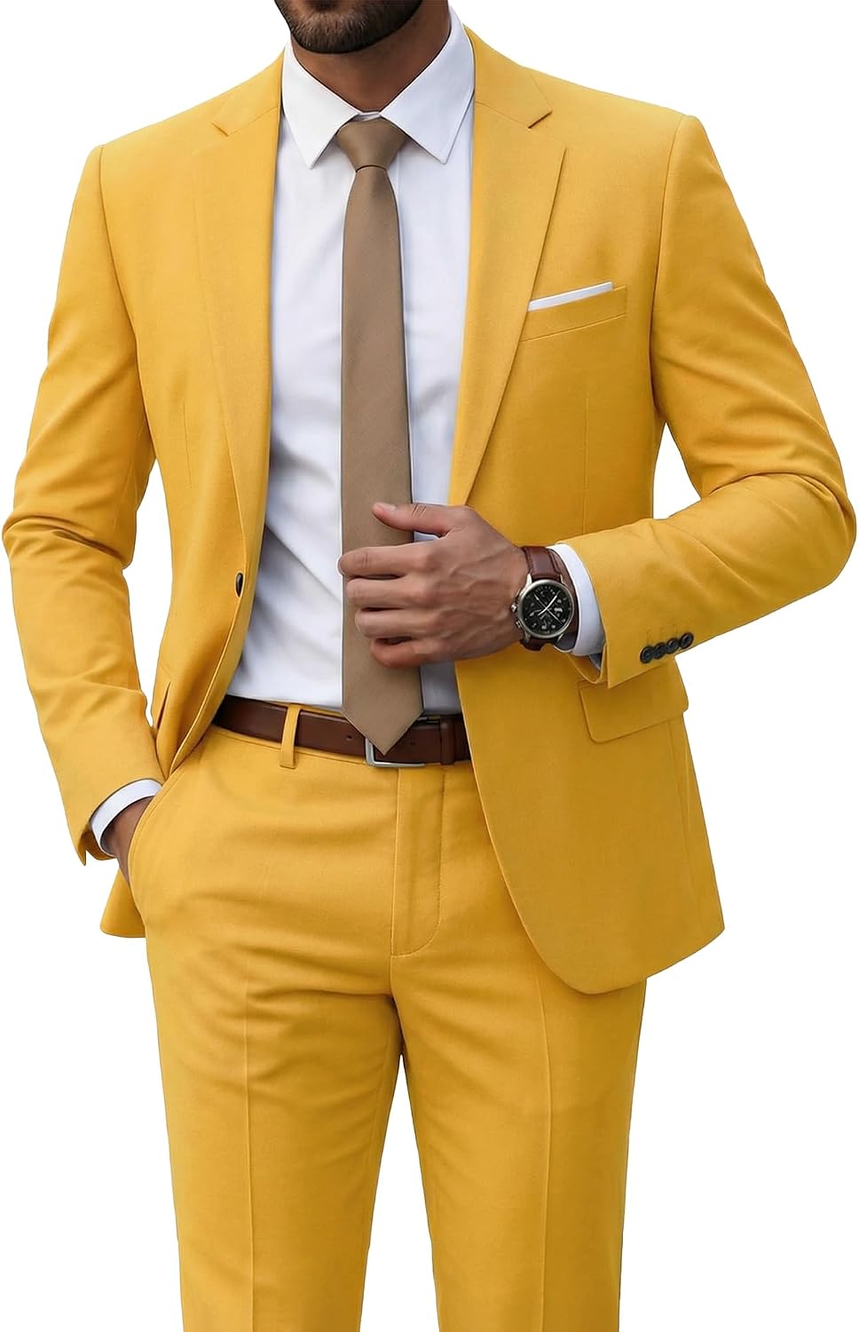 Men's Two-Piece Slim Fit Suit - Stretch One-Button Jacket, Trousers and Tie Set in Solid Colours - Medium