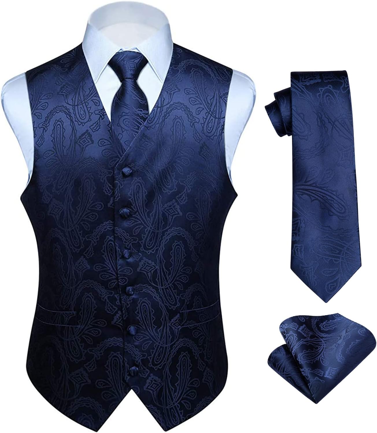 Men's Three-Piece Vest and Tie Set - Paisley Jacquard Waistcoat with Necktie and Pocket Square - Small