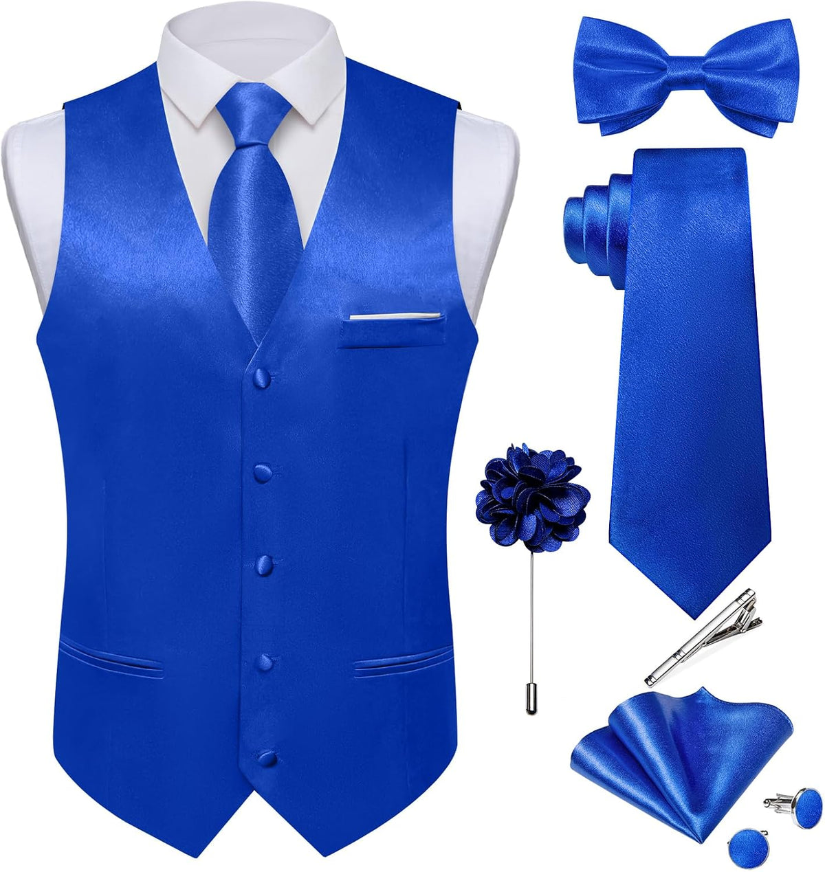 Men's Satin Suit Vest and Tie Set - Eight-Piece Solid Waistcoat, Bow Tie and Lapel Pin for Weddings - Medium